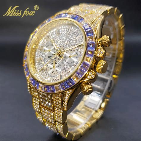 mens fake gold and diamond watch|moissanite iced out watch.